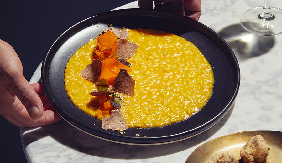 Acquerello risotto with Hokkaido pumpkin, white truffle and gold by Chef Michele Pidone